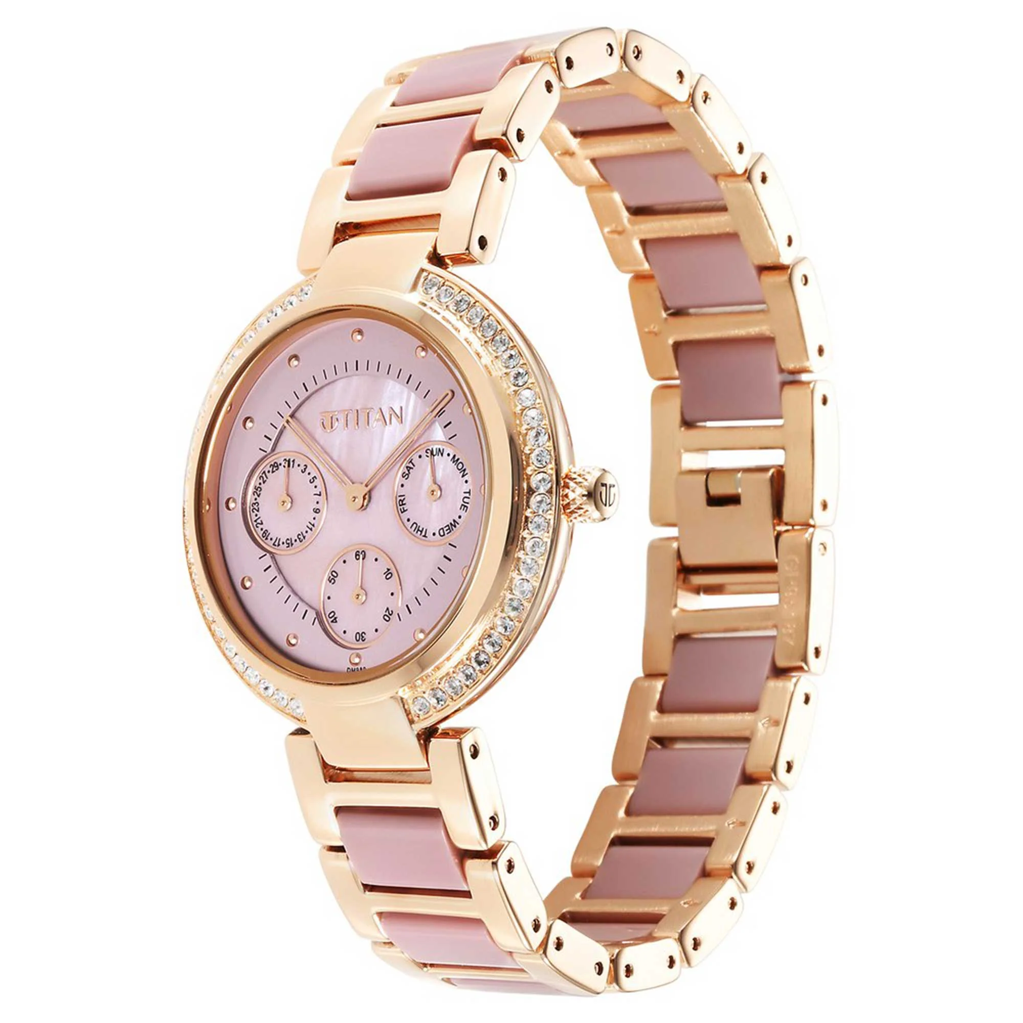 Titan Acetate Mother Of Pearl Quartz Multifunction Strap watch for Women - Image 3