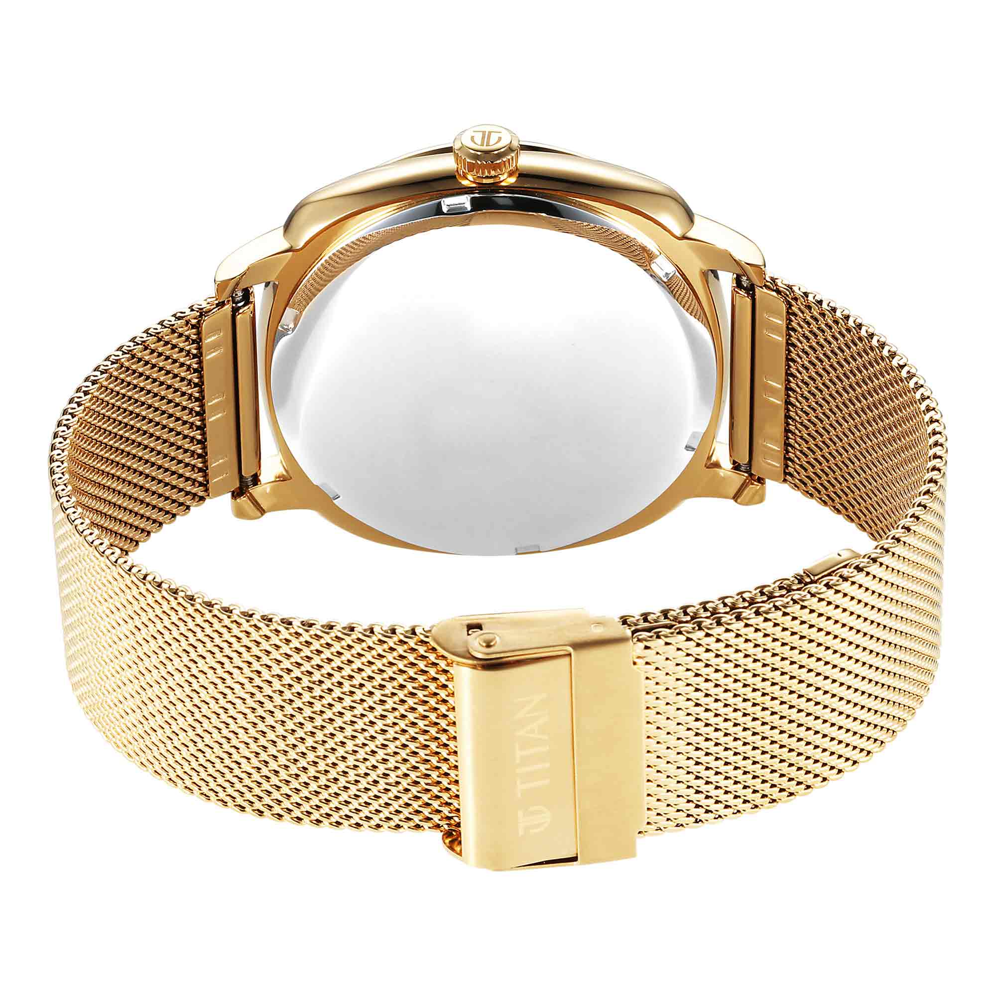 Titan Classique Suave Quartz Yellow Dial Golden Stainless Steel Mesh Strap Watch for Men - Image 3