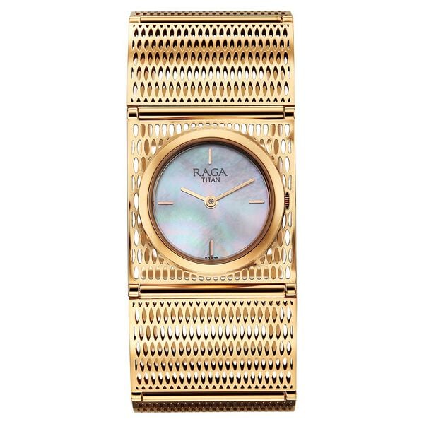 Titan Raga White Mother Of Pearl Rectangular Dial Rose Gold Stainless Steel Strap Analog Watch for Women - Image 2