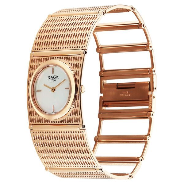 Titan Raga White Mother Of Pearl Rectangular Dial Rose Gold Stainless Steel Strap Analog Watch for Women - Image 4