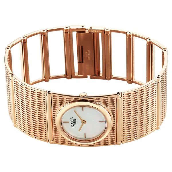 Titan Raga White Mother Of Pearl Rectangular Dial Rose Gold Stainless Steel Strap Analog Watch for Women - Image 5