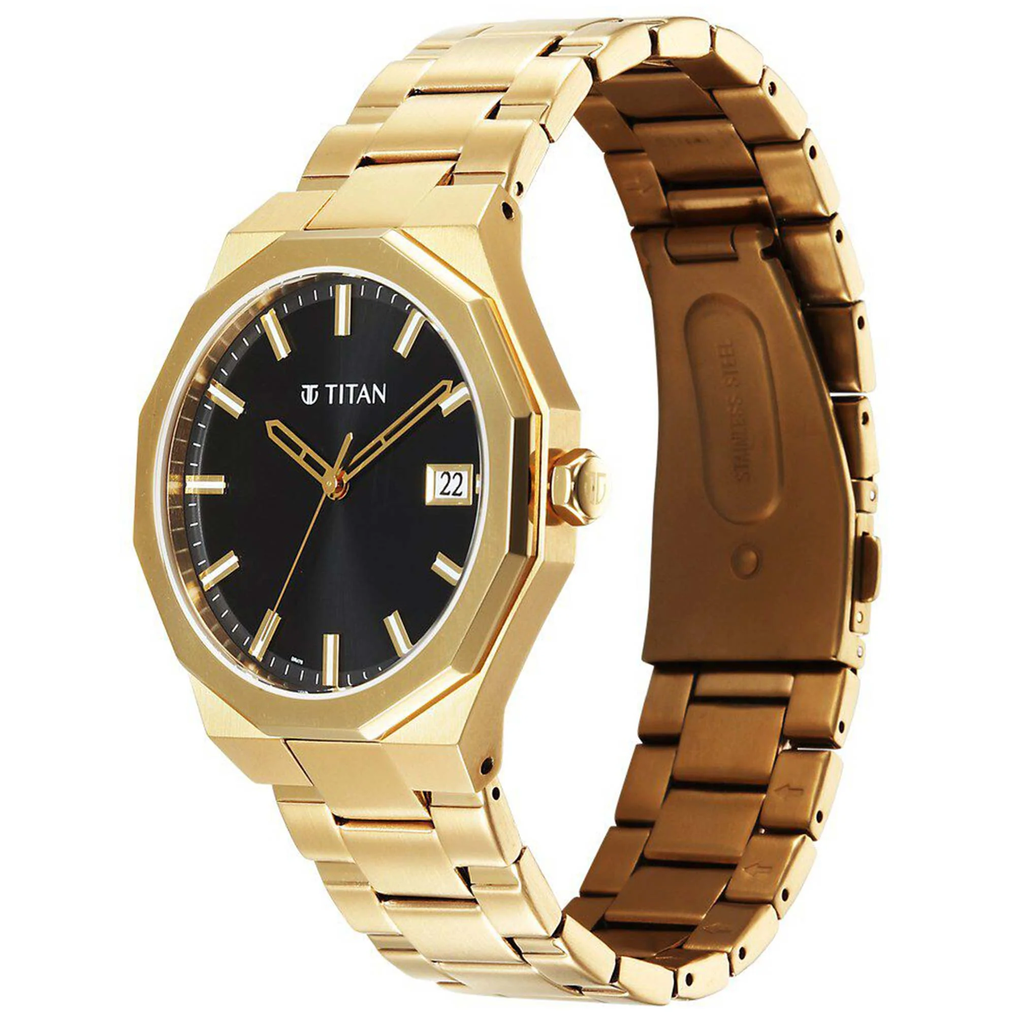 Titan Regalia Dodecagon Quartz Analog with Date Black Dial Golden Stainless Steel Strap Watch For Men - Image 3